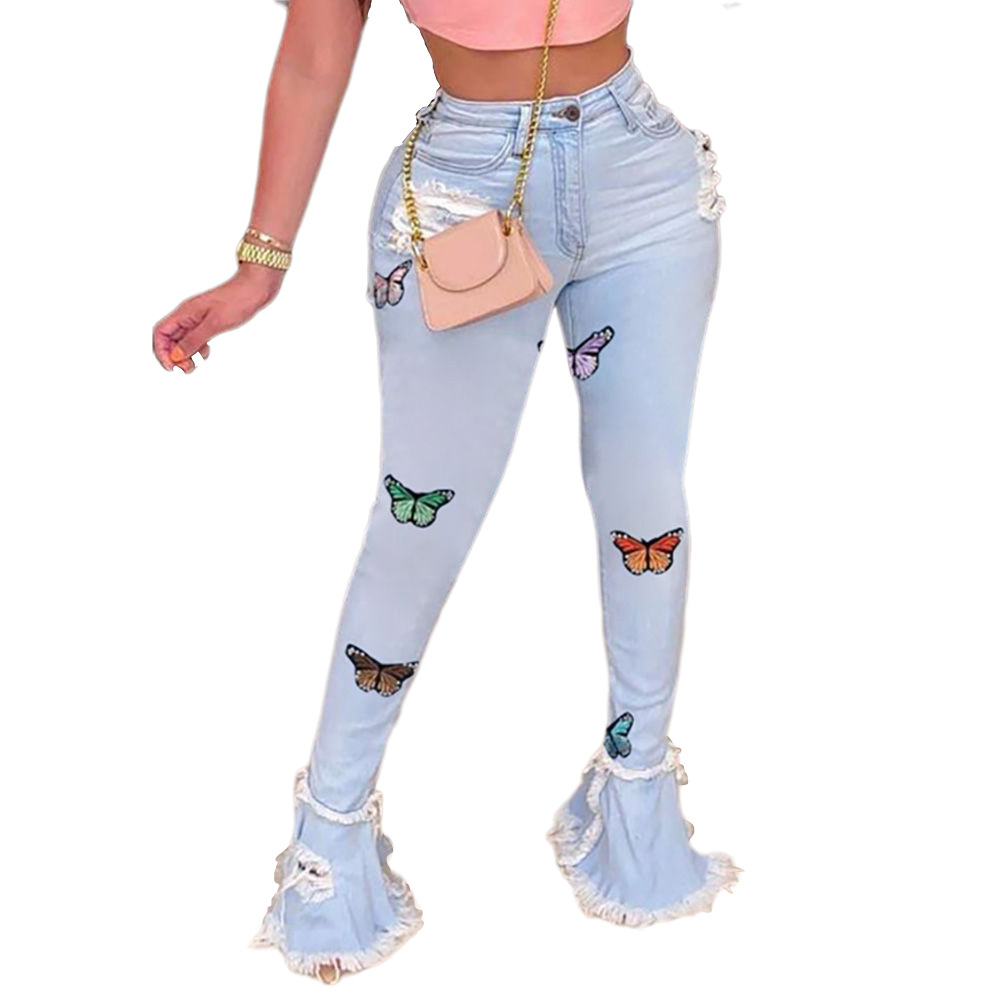 Fashion Butterfly Embroidered Ruffled Hole Denim Trousers Blue - Shop at LoveMi