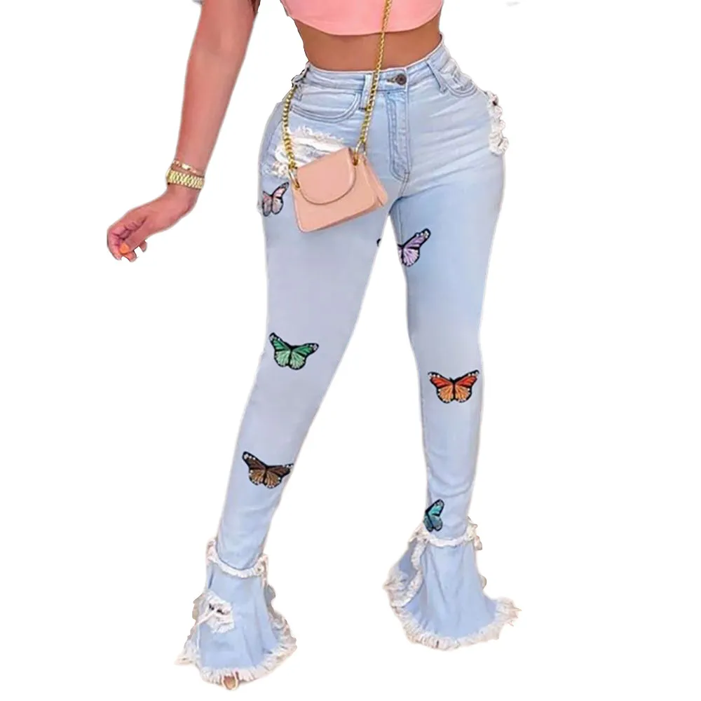 Fashion Butterfly Embroidered Ruffled Hole Denim Trousers - Light Blue