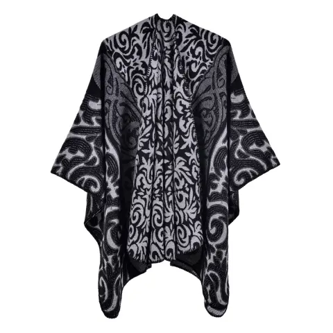 Women's Vintage Flame Auspicious Cloud Jacquard Shawl Poncho