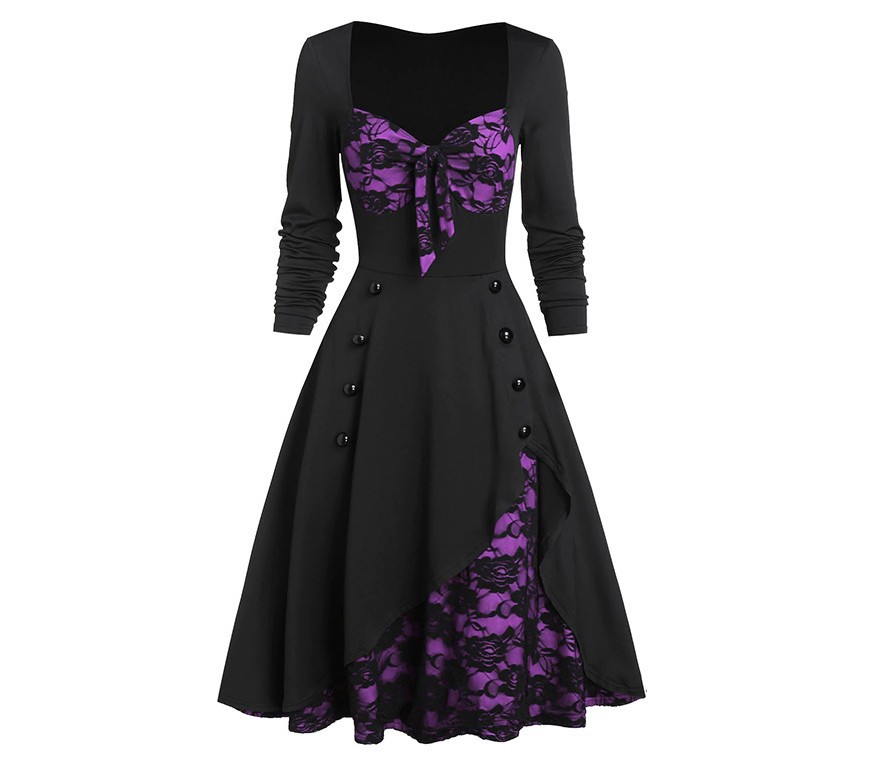 Women's Vintage Lace Panel Button Long Sleeve Dress
