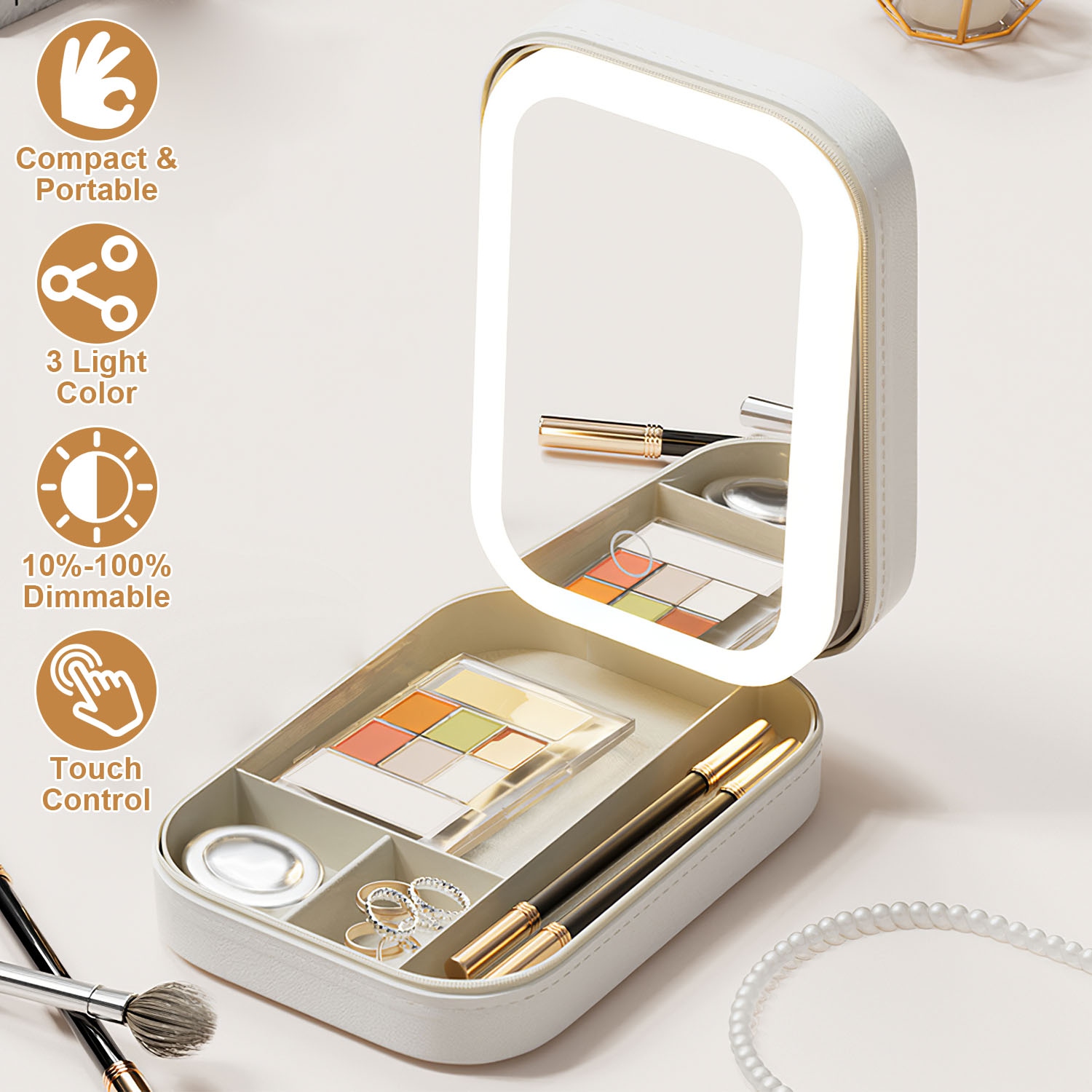 1Pc Portable Travel Makeup Bag With LED Mirror Rechargeable Beauty Mirror With 3 Color Light Dimmable Brightness Waterproof Cosmetic Bag With 4 Compartments Ideal Gift For Women Valentines Day Gift — foto 6