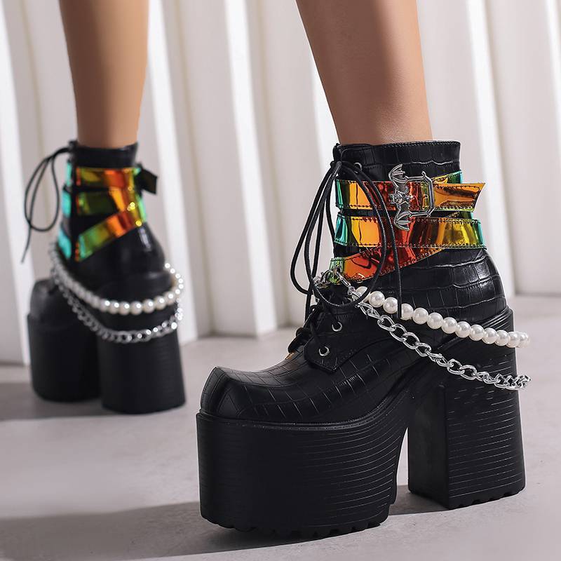 Belt Buckle Beaded Chain Women's Leather Boots