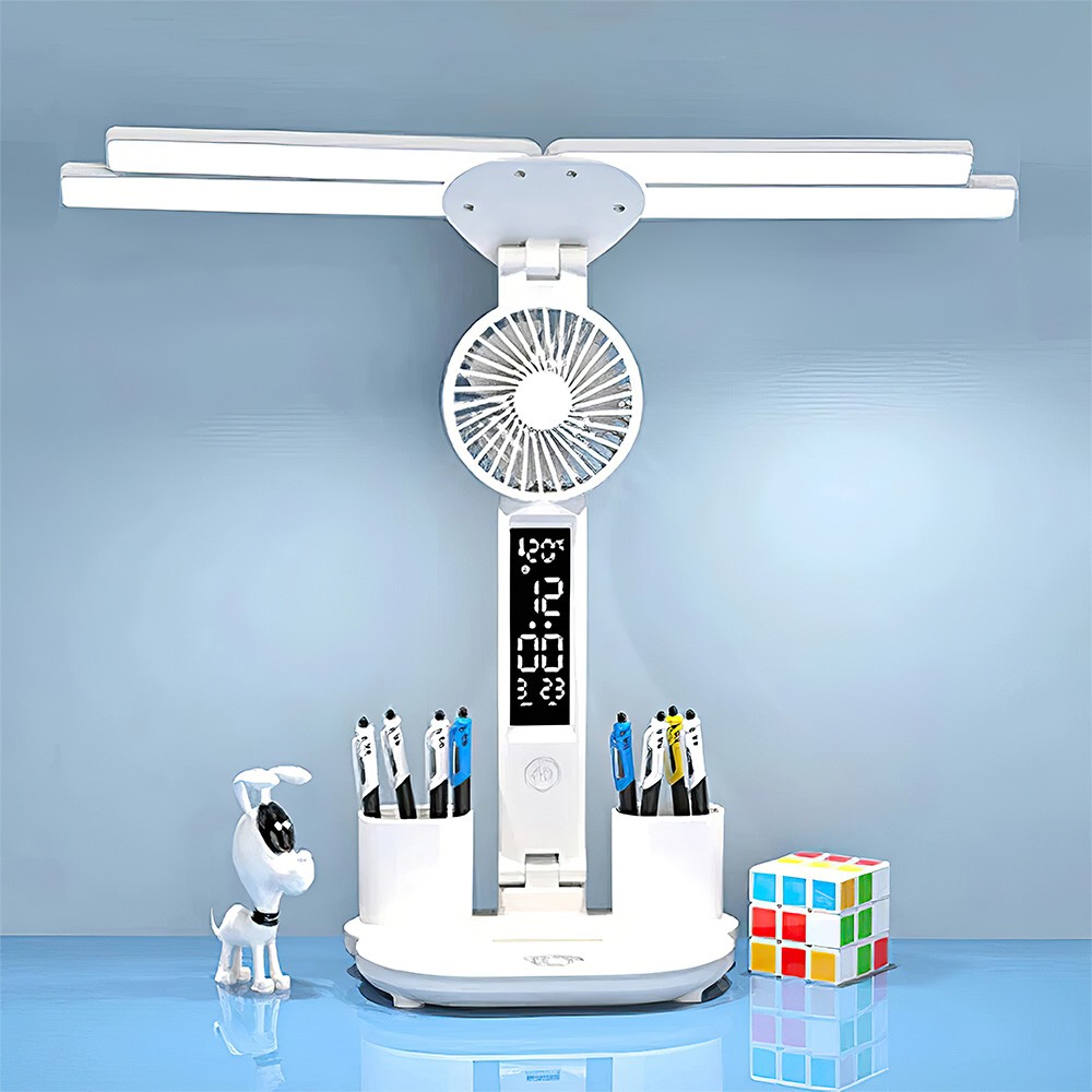 4-Head LED Desk Reading Lamp With Fan Clock Dimmable Rechargeable Touch Light — image 5