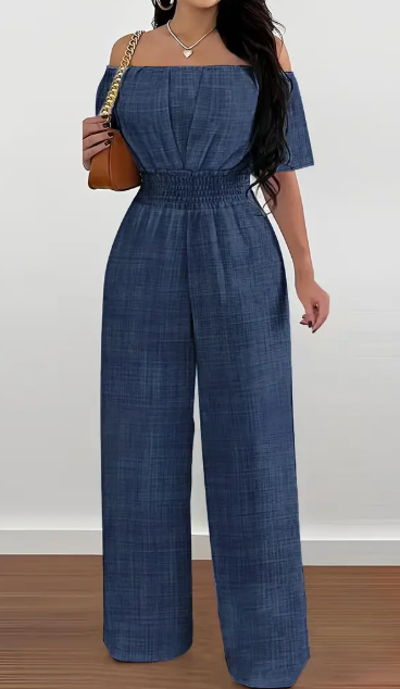 Elegant Off Shoulder Short Sleeve Waist Cinch Jumpsuit Solid Color, Machine Washable For Spring Summer Fall Blue - Shop at LoveMi