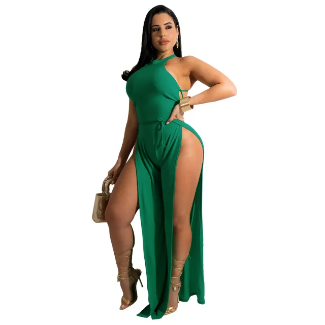 Sleeveless Lace Up Women's Pants Slit Jumpsuit Green - Shop at LoveMi