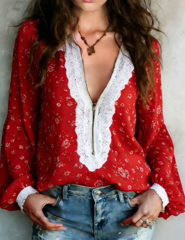 White Lace V-neck Women's Puff-sleeved Chiffon Blouse