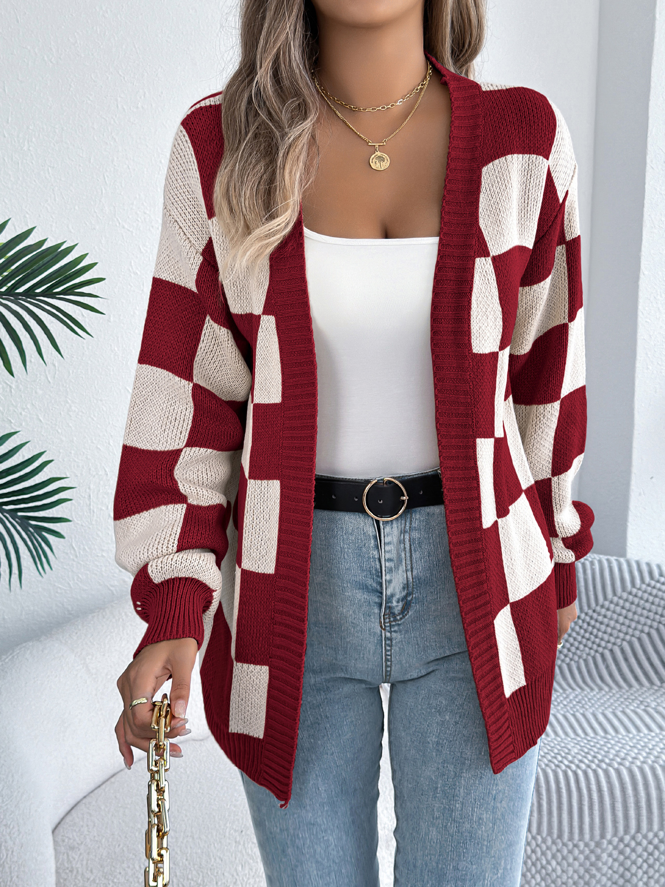 Color Block Plaid Lantern Sleeve Cardigan Sweater Mid-Length Coat - Image 12