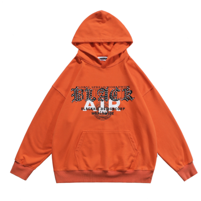 Four-color Basic Beaded Alphabet Print Street Wash Hooded Men's Sweatshirt