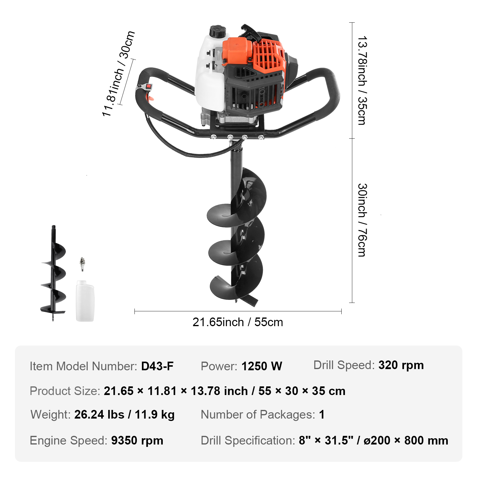 VEVOR Post Hole Digger, 43cc 1250W Auger Post Hole Digger, Gas Powered Earth Digger With  Earth Auger Drill Bit, 30 Inch Long Alloy Steel Auger, For Farmland, Garden And Plant, EPA Certification image 4