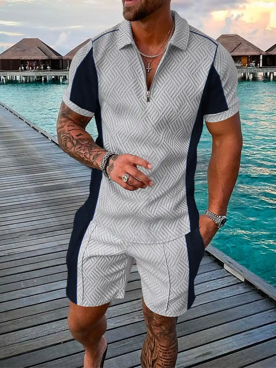 Men's Summer Fashion 3D Printed Short Sleeve Geometric Zip Lapel Shirt Set