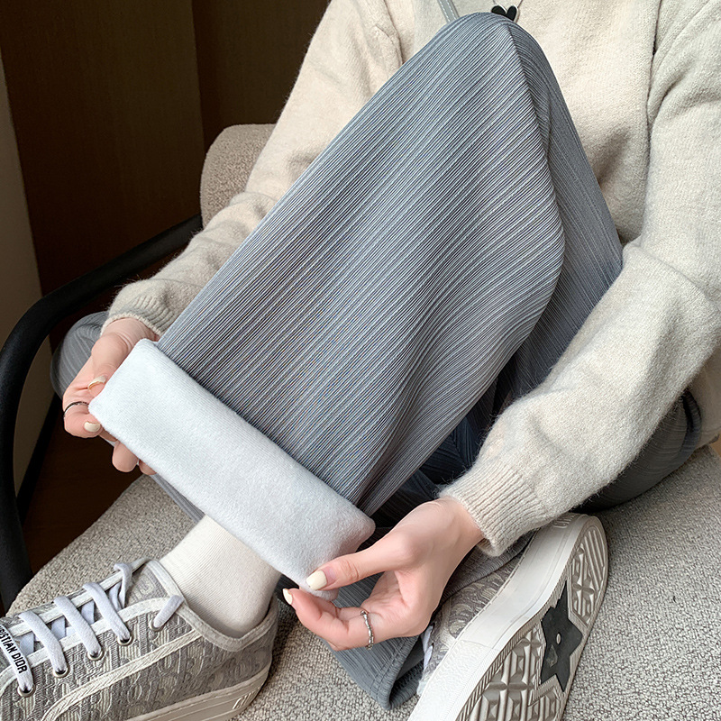 Narrow Vertical Striped Velvet Wide-leg Pants For Women Autumn And Winter New Loose Slim High Waist Drape Straight Casual Pants