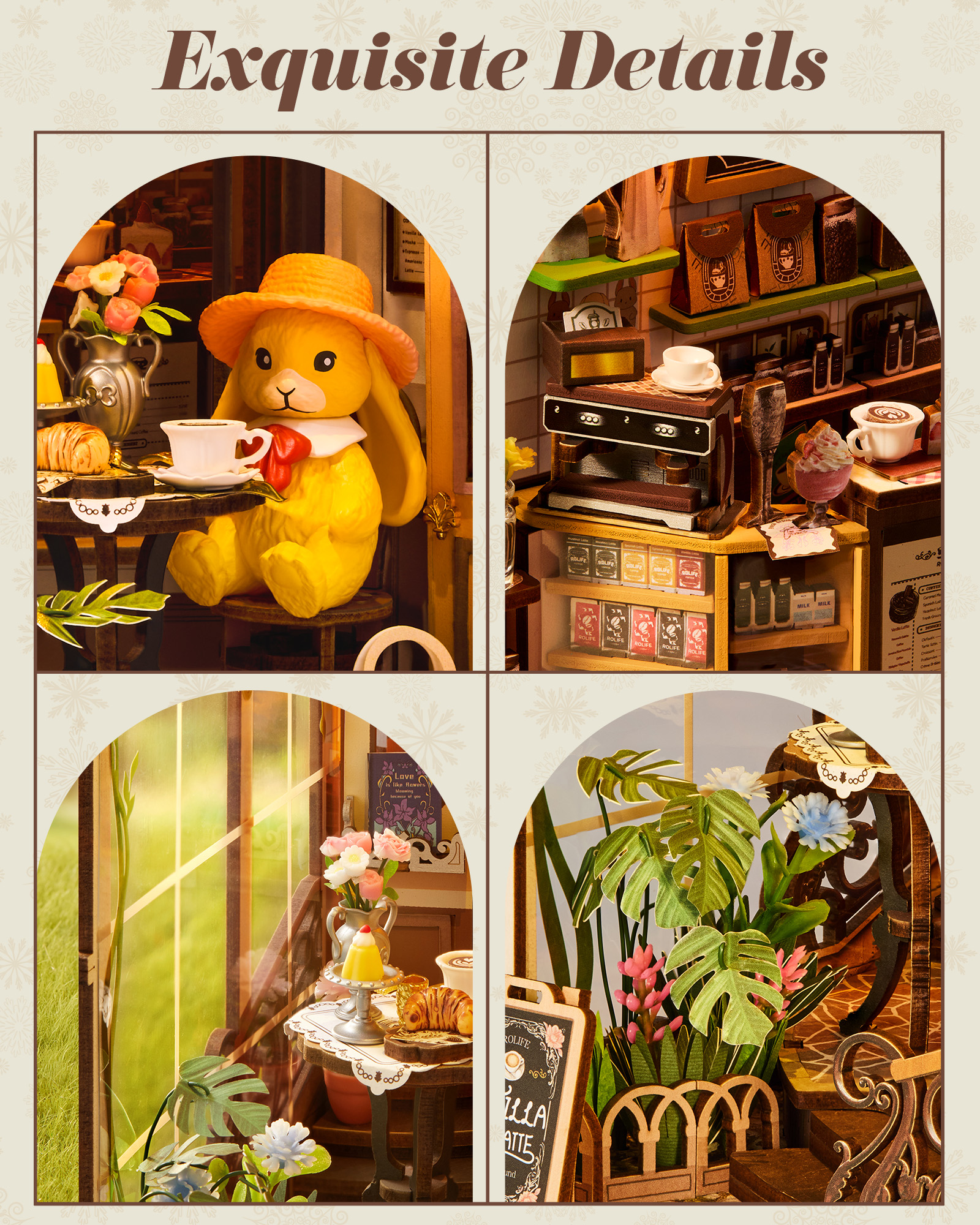 Rolife Holiday Cafe Reading Corner Set, DIY Mini House With Warm LED Lights, Glue-Free Assembly, Bookshelf Decoration, Creative Gift For Adults