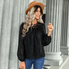 Women's Loose Chiffon Shirt Jacquard Crew Neck Top - Black - View 1