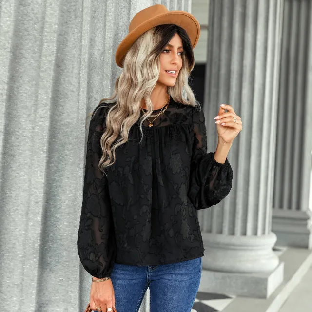 Women's Loose Chiffon Shirt Jacquard Crew Neck Top Black - Shop at LoveMi