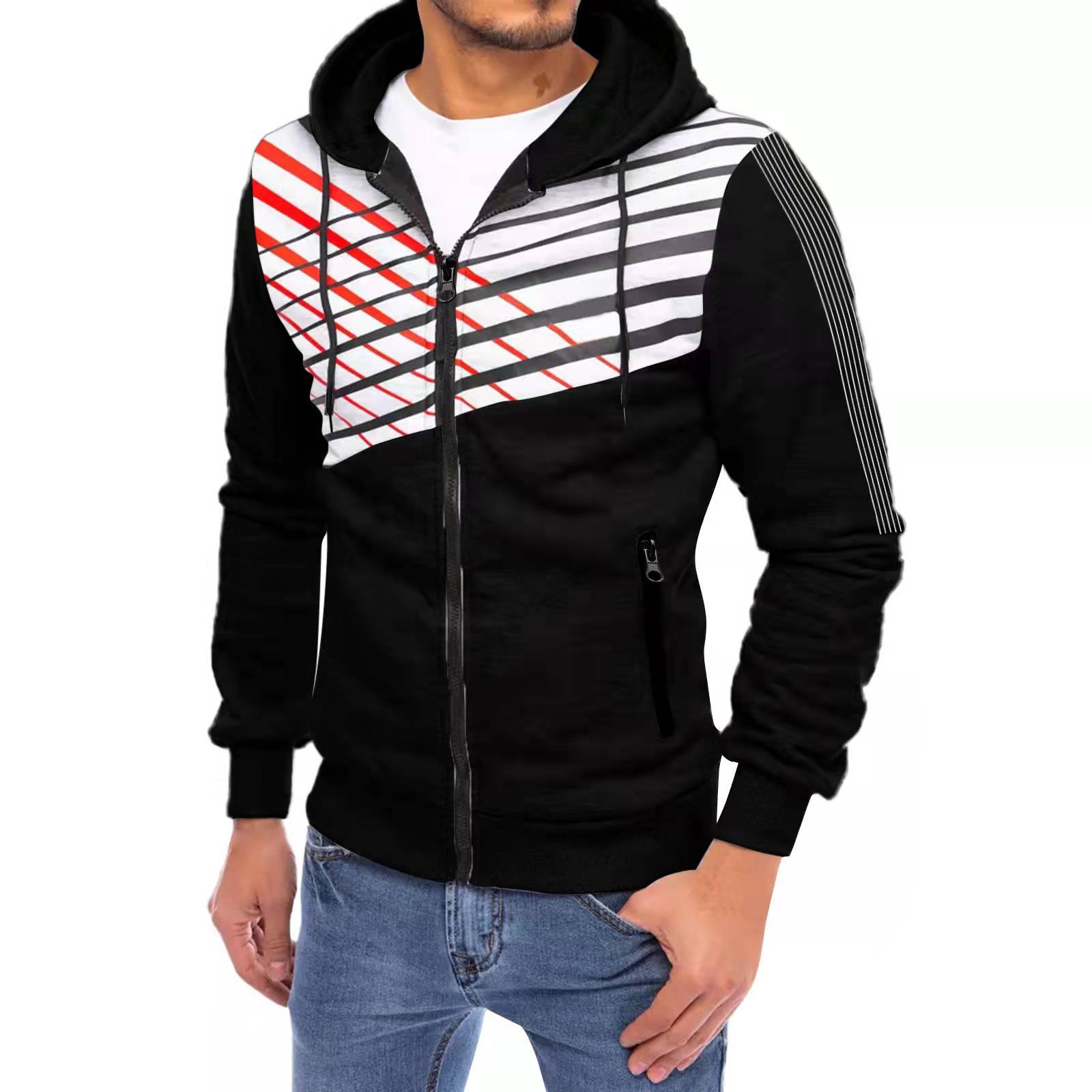 Men's Cardigan Hooded Patchwork Print Sweatshirt