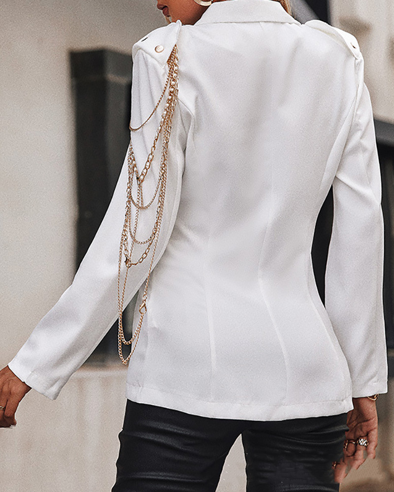 White Lapel Metal Chain Contrast Coat