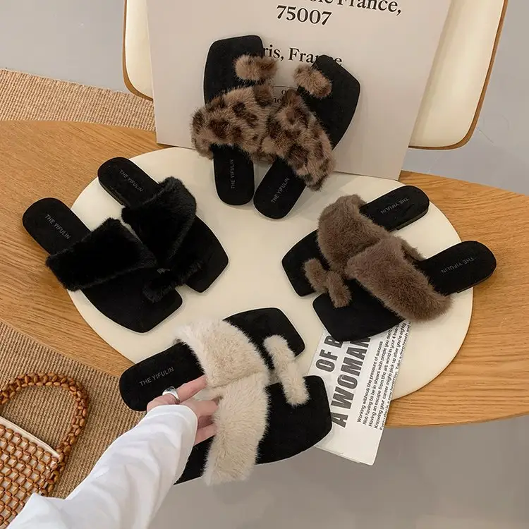 Women Square Toe Cross Band Furry Slides