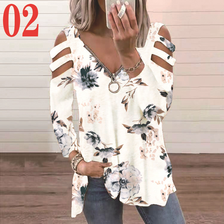 Low-cut Zipper Print Long-sleeved T-shirt