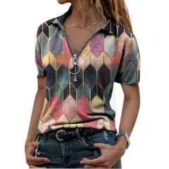 Large Size Women's Slim Fit V-neck Women's Top Printed Zipper T-shirt Lapel Short-sleeved T-shirt Women - Pink - View 1