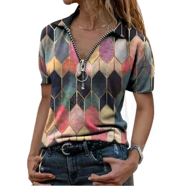Large Size Women's Slim Fit V neck Women's Top Printed Zipper T shirt Lapel Short sleeved T shirt Women Pink - Shop at LoveMi