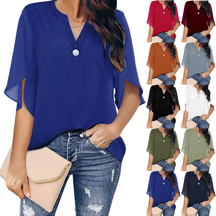 Women's Short Sleeve Elegant Casual Solid Color V-Neck Chiffon Shirt