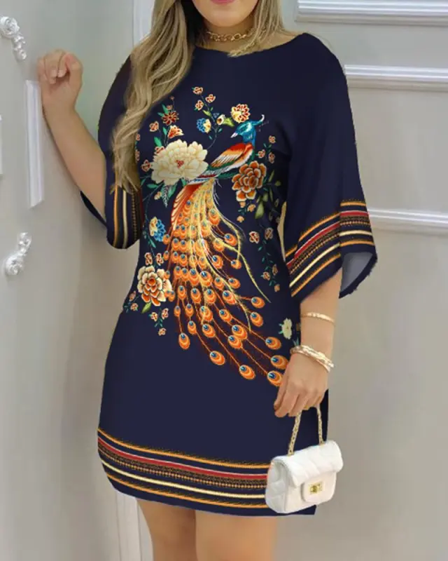 Round Neck Printed Dress For Women Dark Blue - Shop at LoveMi