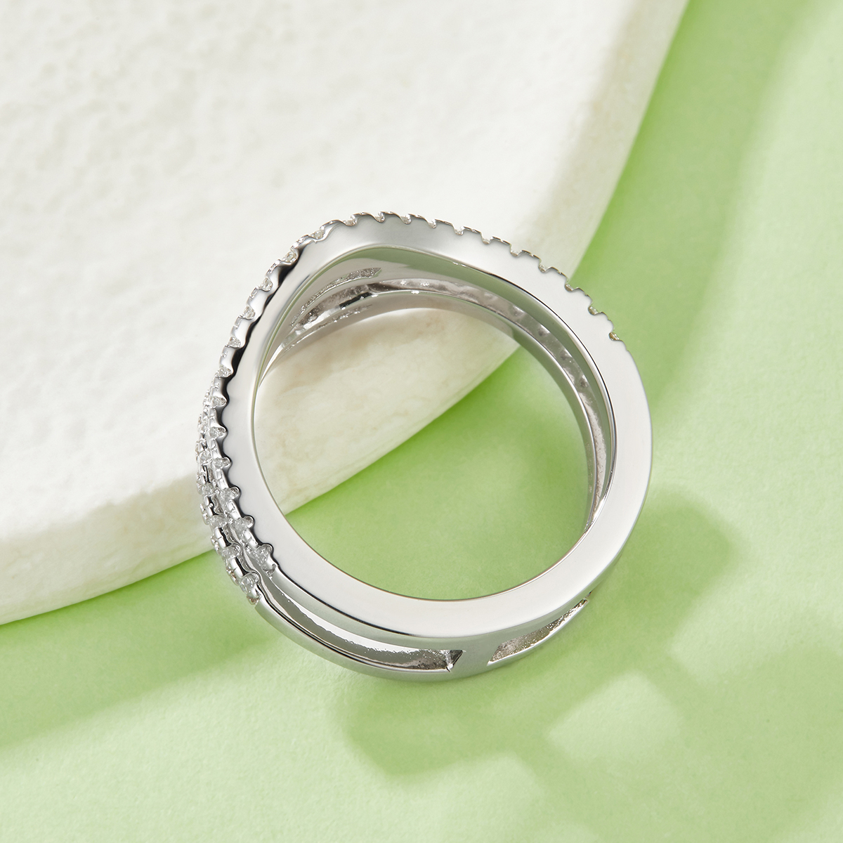 S925 Sterling Silver Double Band Ring, 54 D-VVS1 Moissanite Pave, Platinum Plated 4.7g US Sizes 5-9, GRA Certified Gift Box 2