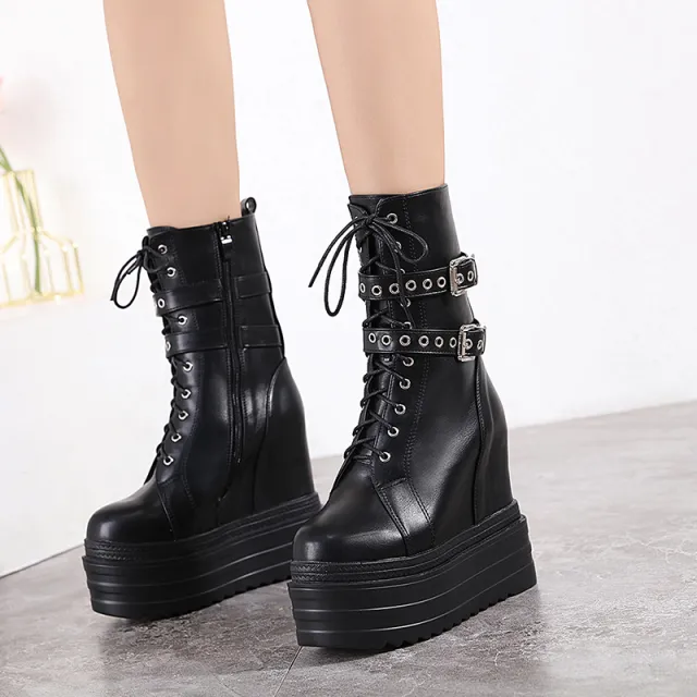 Female New Style Of All Kinds Of Internal Increased Wedge heeled Platform Ankle Boots High Heel Black - Shop at LoveMi
