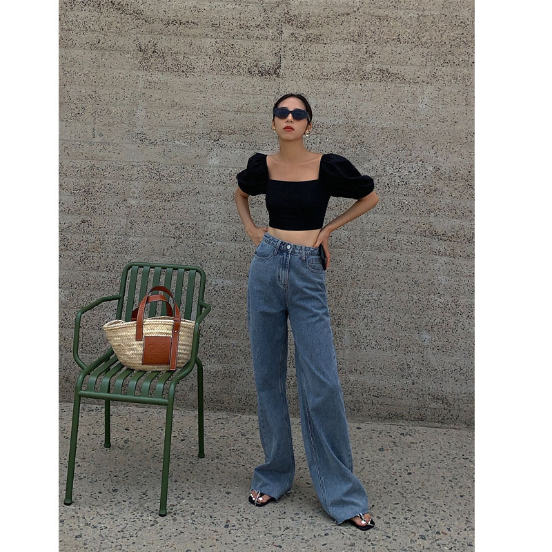 Retro French Square Collar Clavicle Top Back Navel Short Scheming Shirt