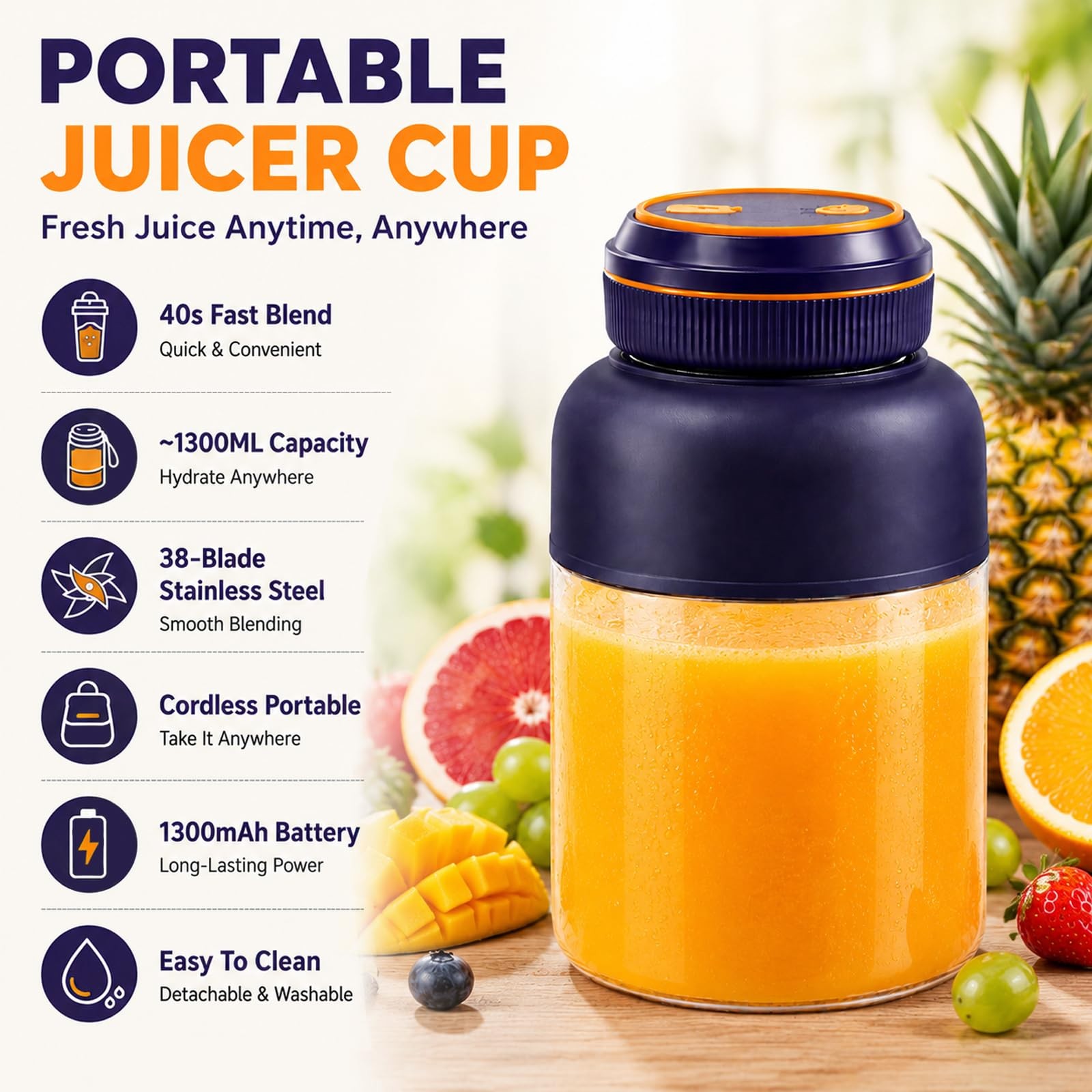 Cordless Juicer Blender Cup 1300ml Portable Rechargeable Smoothie Bottle — image 3