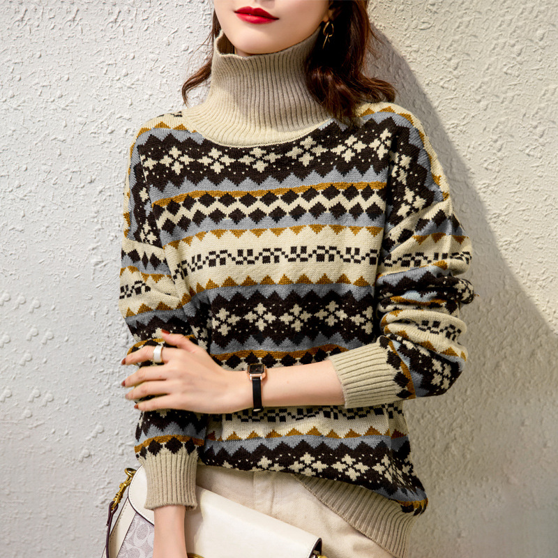 Turtleneck Cashmere Sweater Women Loose Jacquard Retro Knitted Sweater Thick Short
