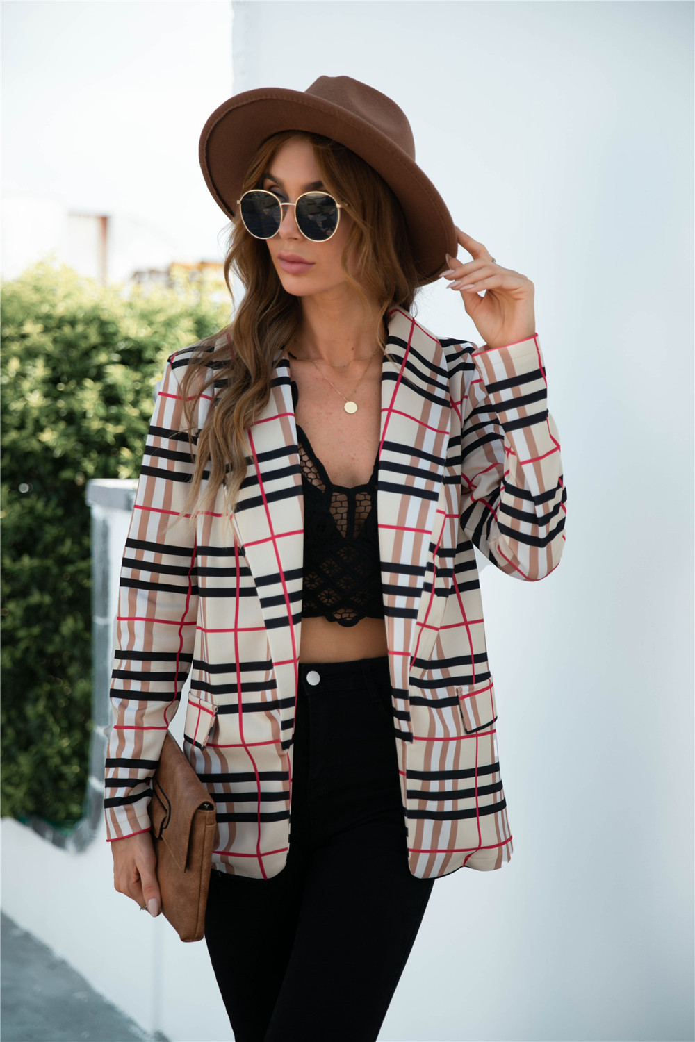 Ladies Fashion Casual Hot Sale Plaid Suit Jacket