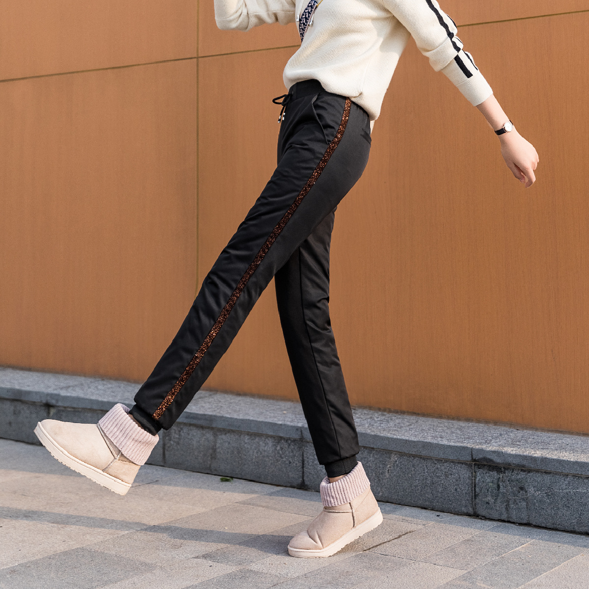 High Waist Outer Wear Thick Warm Trousers