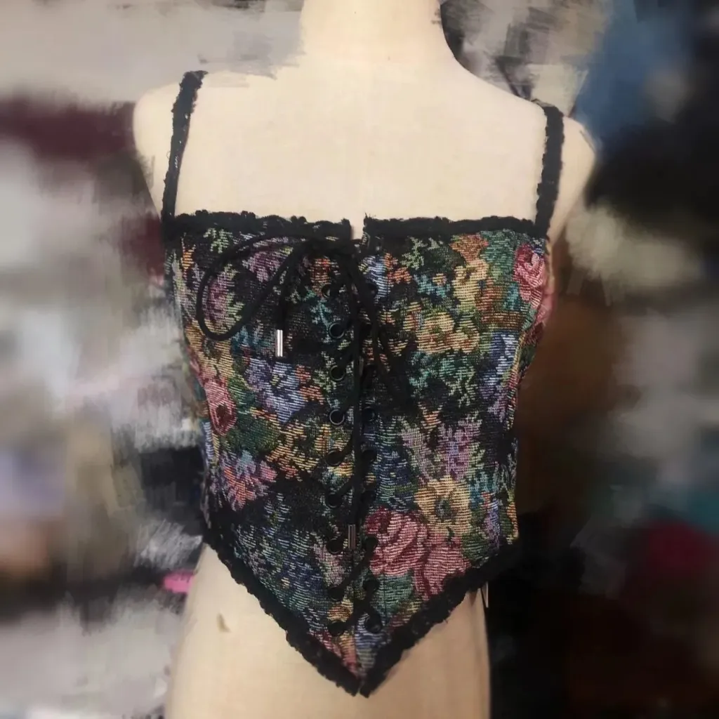 Women's French Vintage Camisole Floral Lace-up Tube Top - Black