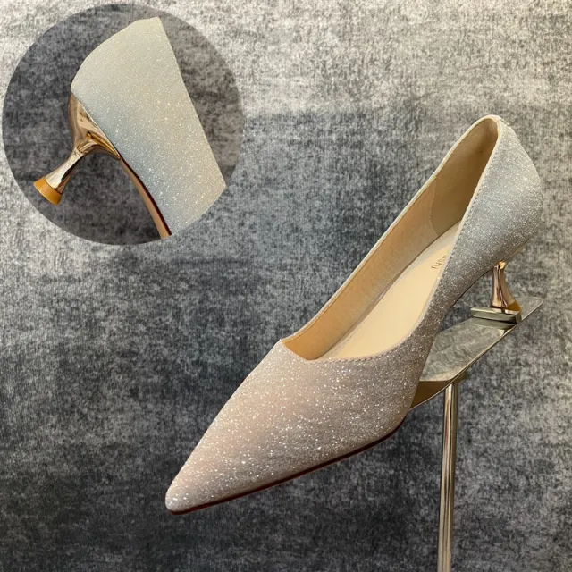 Party Crystal Pointed Toe Stiletto Bridesmaid Single Shoes Women High Heels Champagne Low Heel 39 - Shop at LoveMi