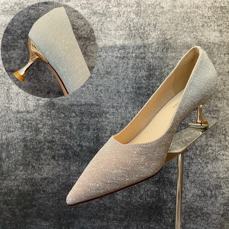 Party Crystal Pointed Toe Stiletto Bridesmaid Single Shoes Women High Heels - Champagne Low Heel-39