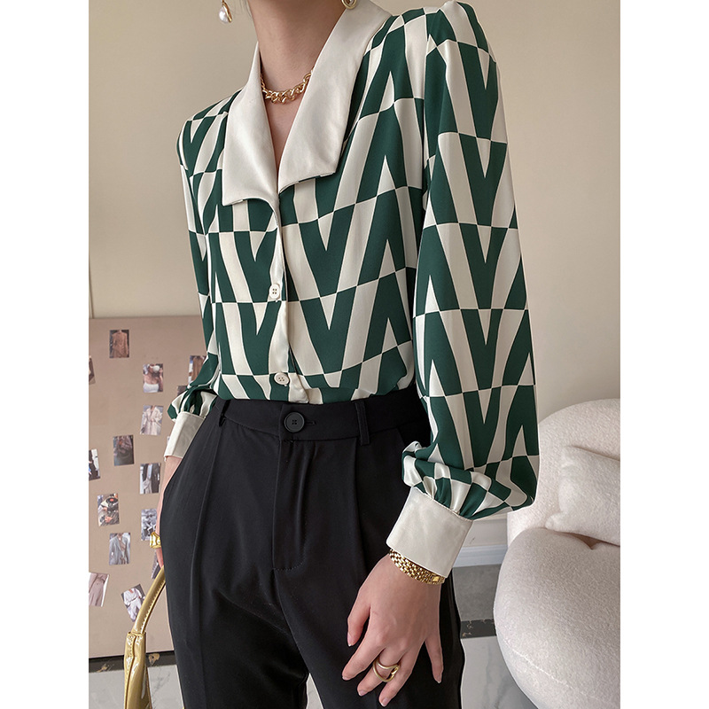 Women's Geometric Print Vintage Layered Lapel Shirt