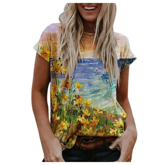 Street Hipster Pullover Print Loose Fit Short sleeved Women's Blue Yellow - Shop at LoveMi