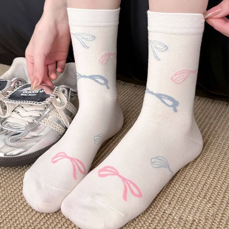 Balletcore Bow Print Crew Socks, Ruffle Trim Pastel Knit Socks, Women's Sweet Casual Socks For Sneakers & Mary Janes