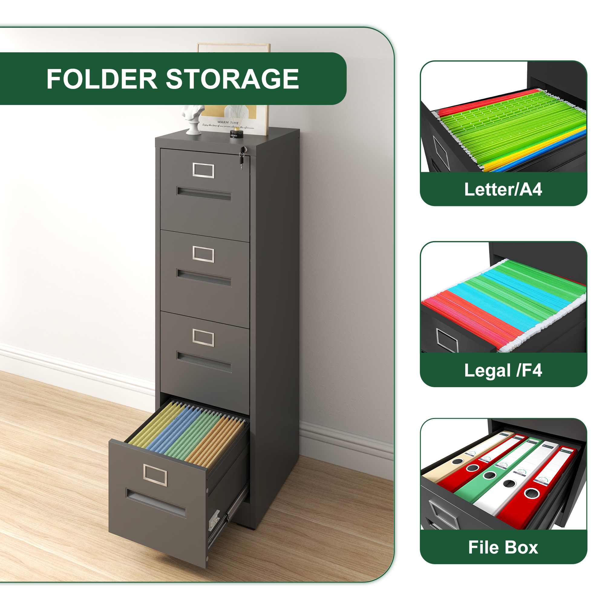 Narrow File Box 4 Drawer File Cabinet With Lock Metal Vertical File Cabinet Office Home ...