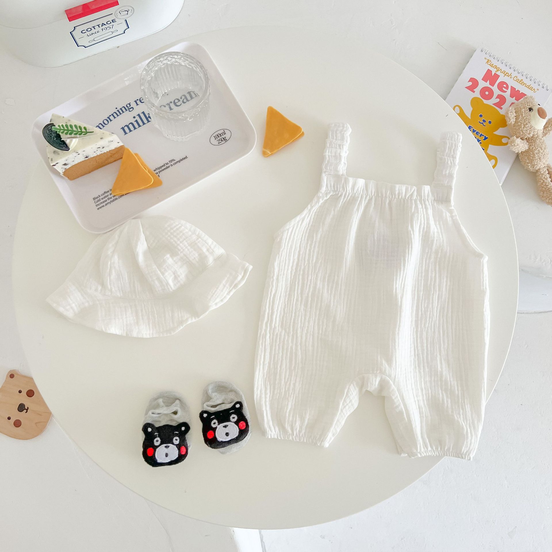 Girls' Bear Suspender Jumpsuit Two-piece Set