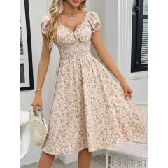Women's Floral Summer Dress Casual Short Sleeve Ruffle Flowy Midi Sundress Boho Beach Vacation Dress - Khaki - View 1