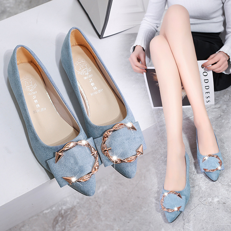 Women's Suede Flat Heel Metal Shallow Bow Pointed Toe Shoes