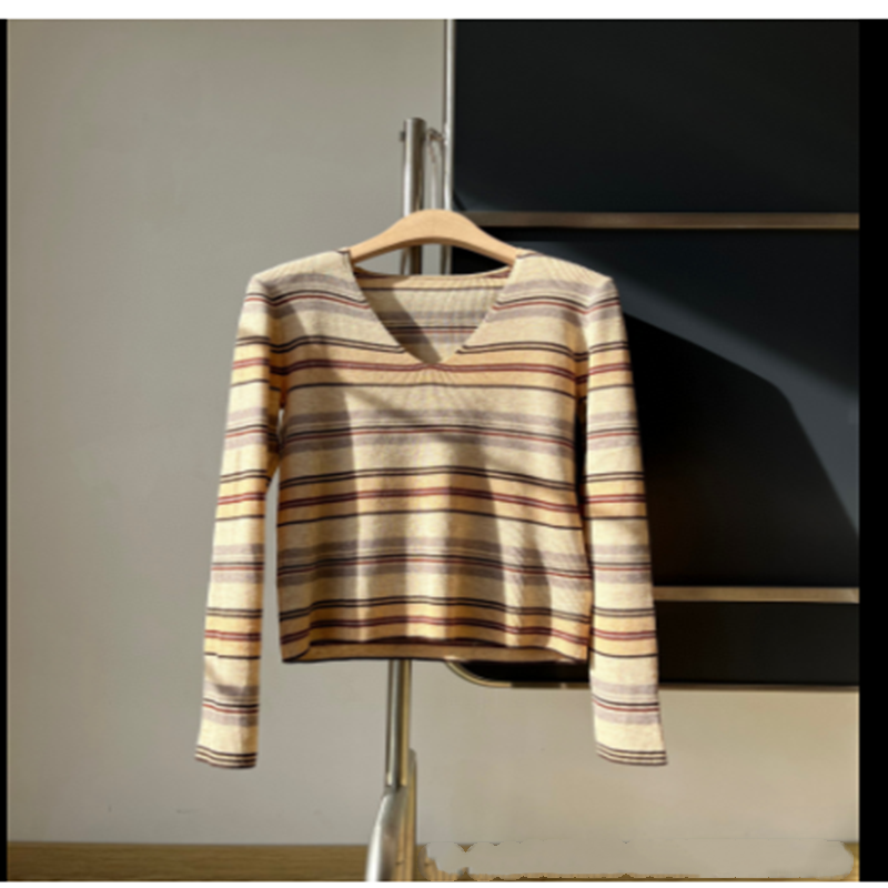 Ladies V-Neck Striped Knit Sweater