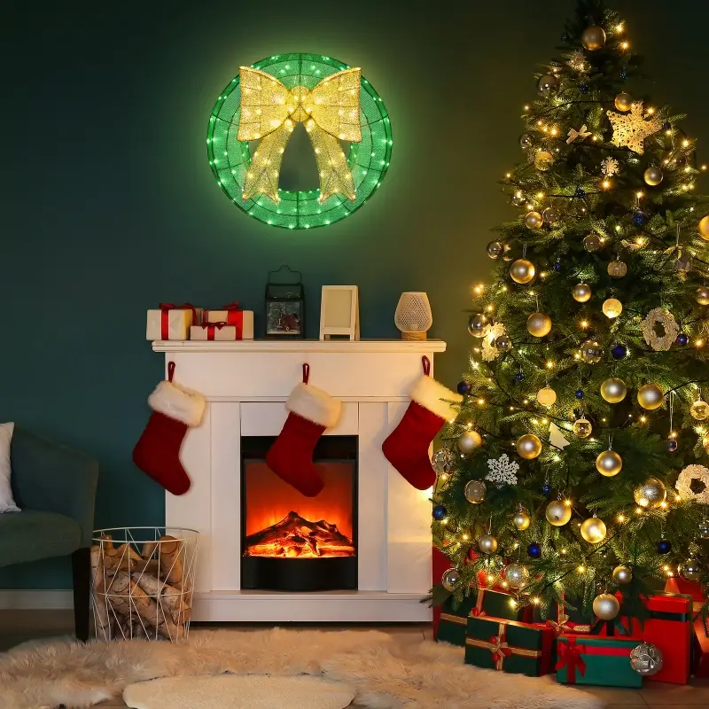 24in Pre-lit Outdoor Christmas Wreath Decoration, Lighted Metal Wreath With Golden Bow, Green And Warm White LED Lights, For Front Door Gate Wall Indoor Outdoor