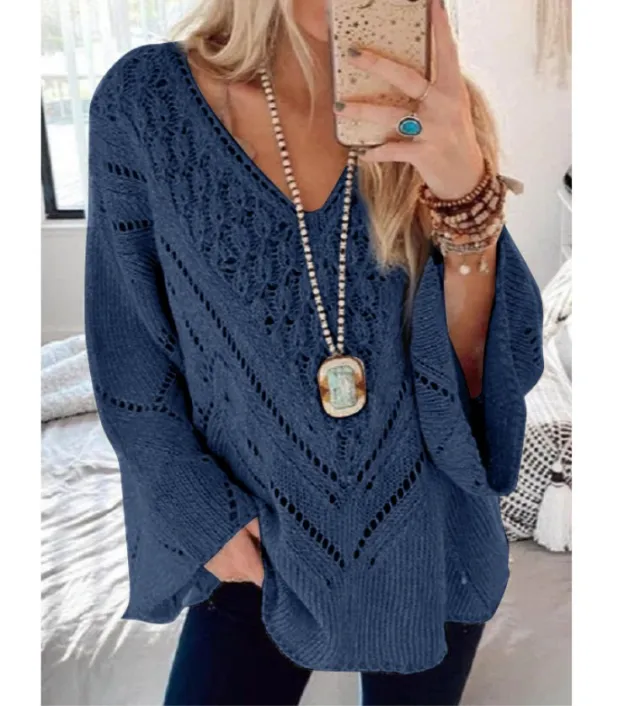 Women's Solid Color Cutout V Neck Flared Sleeve Knit Sweater Navy - Shop at LoveMi
