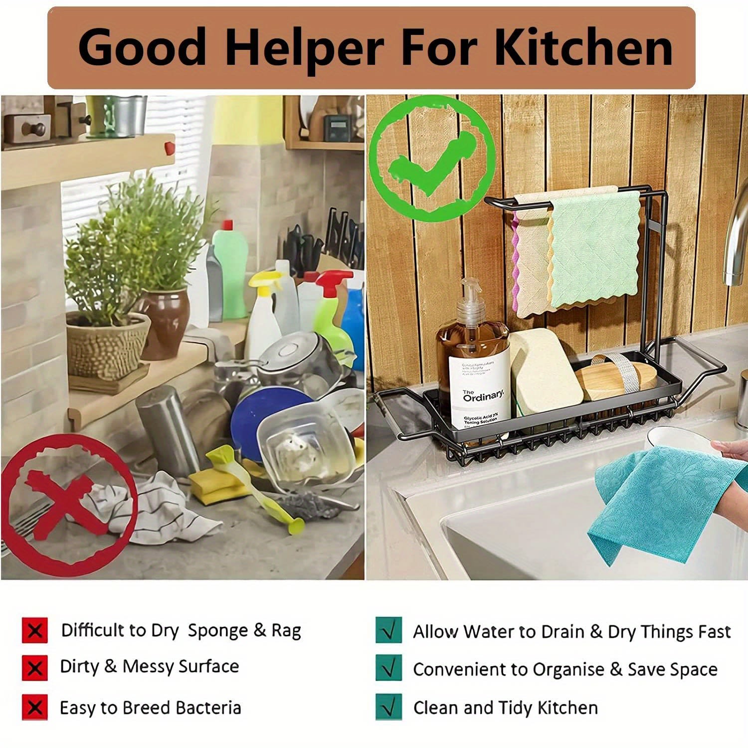 Expandable Kitchen Sink Caddy Organizer, Stainless Steel Over Sink Sponge, Bottle, Dishcloth, BrushTowel Holder, Rustproof Non-Slip - Small 5