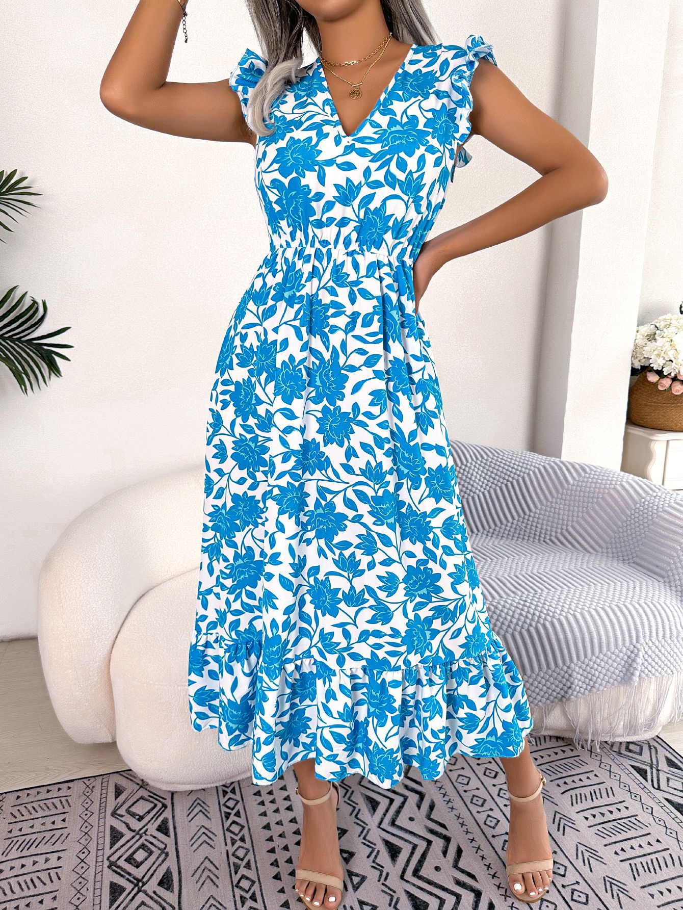 Women Casual Ruffle Trim Floral Print Tie Waist Maxi Vacation Dress