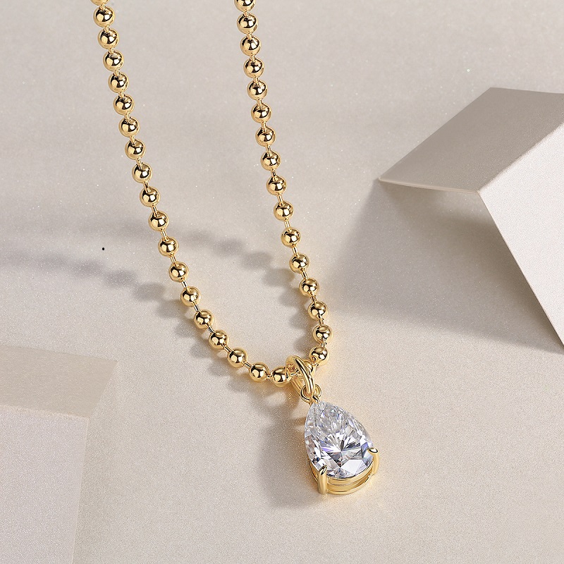 Sterling silver moissanite necklace showing gold plating detail and 40cm chain