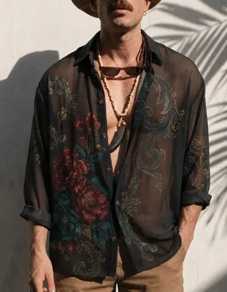 Black Baroque Floral Print Sheer Oversized Shirt